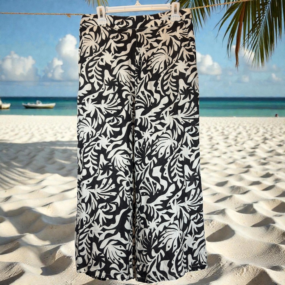Rachel Zoe 100% Linen Wide Leg Pants Women's L Pull On Tropical Leaf Coastal